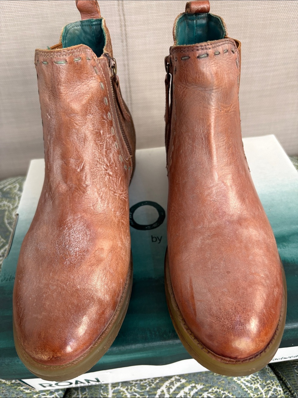 Roan Distressed Women's Leather Ankle Booties in Cognac Brown - Classic Side Zip